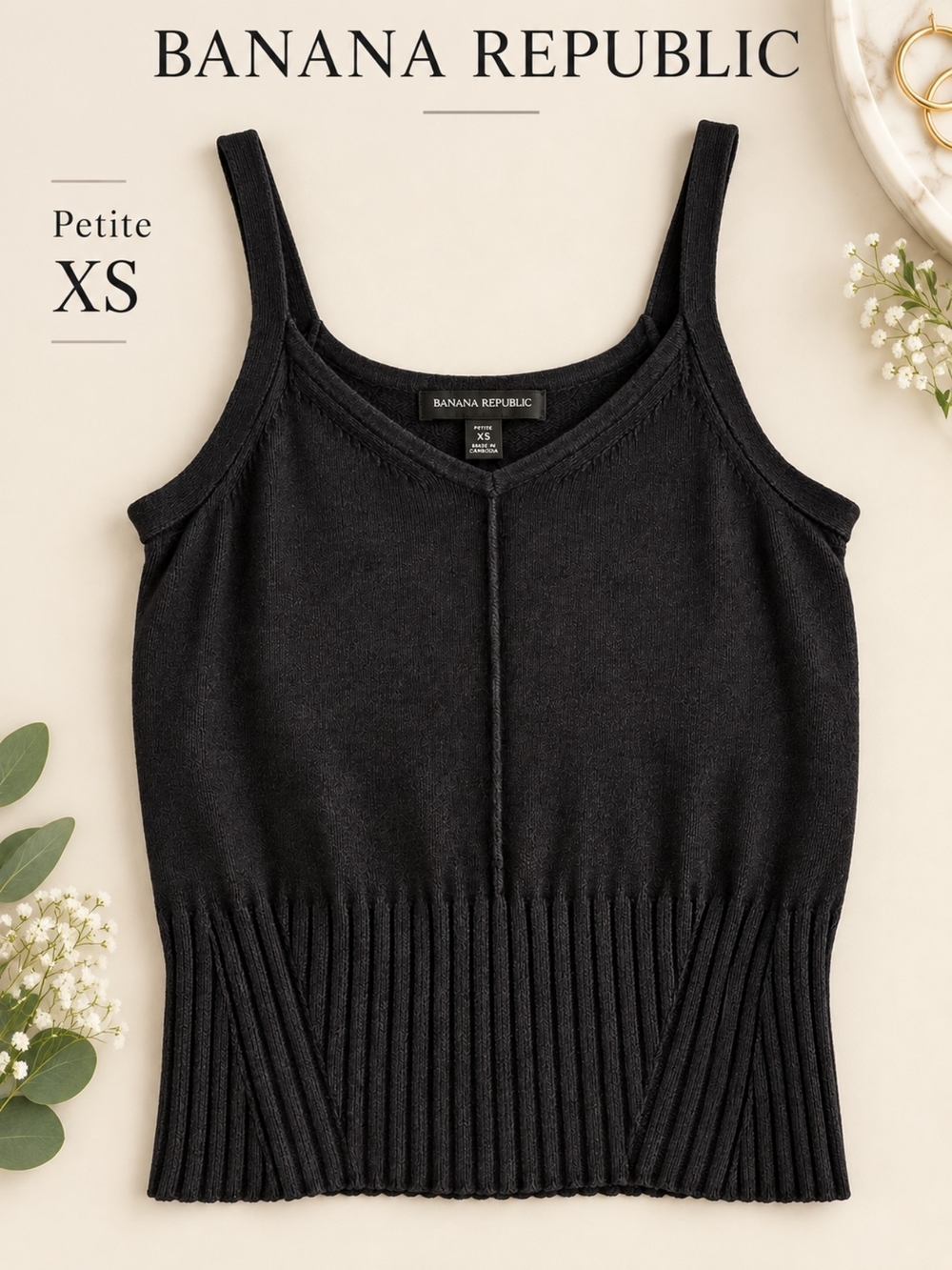 Banana Republic Black Knit Deep V-Neck Tank Top, Size XS, Petite
